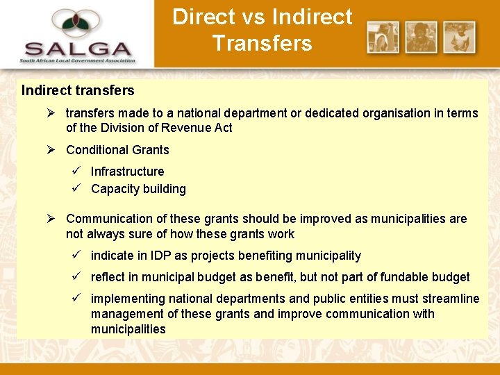 Direct vs Indirect Transfers Indirect transfers Ø transfers made to a national department or