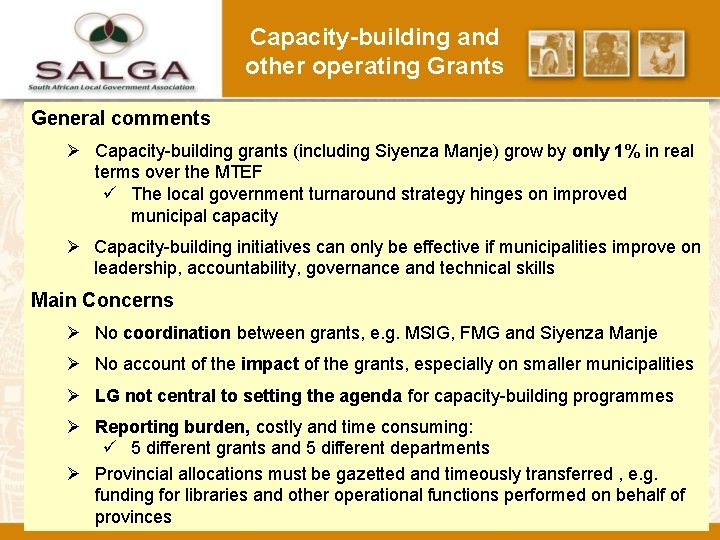 Capacity-building and other operating Grants General comments Ø Capacity-building grants (including Siyenza Manje) grow