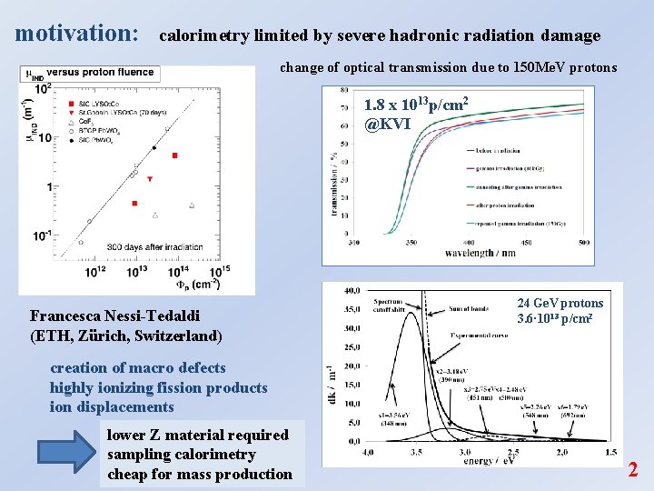 motivation: calorimetry limited by severe hadronic radiation damage change of optical transmission due to