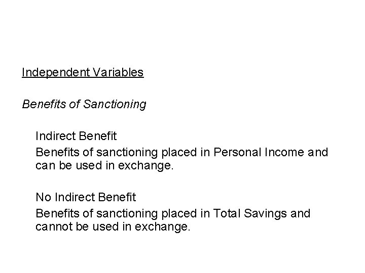 Independent Variables Benefits of Sanctioning Indirect Benefits of sanctioning placed in Personal Income and