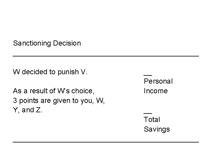 Sanctioning Decision _______________________ W decided to punish V. As a result of W’s choice,