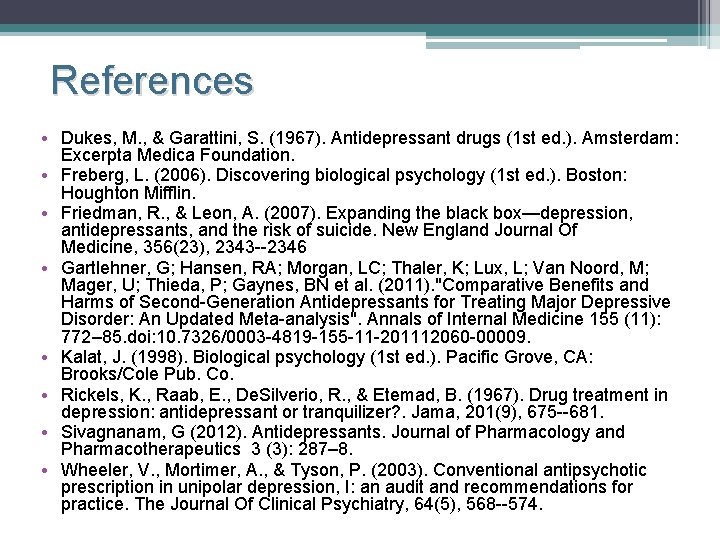 References • Dukes, M. , & Garattini, S. (1967). Antidepressant drugs (1 st ed.