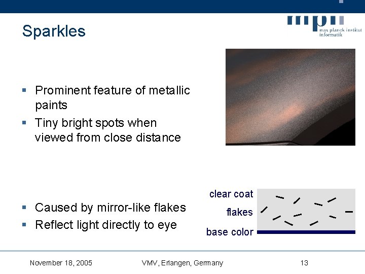 Sparkles § Prominent feature of metallic paints § Tiny bright spots when viewed from