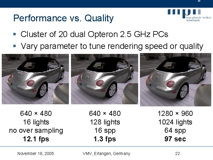 Performance vs. Quality § Cluster of 20 dual Opteron 2. 5 GHz PCs §