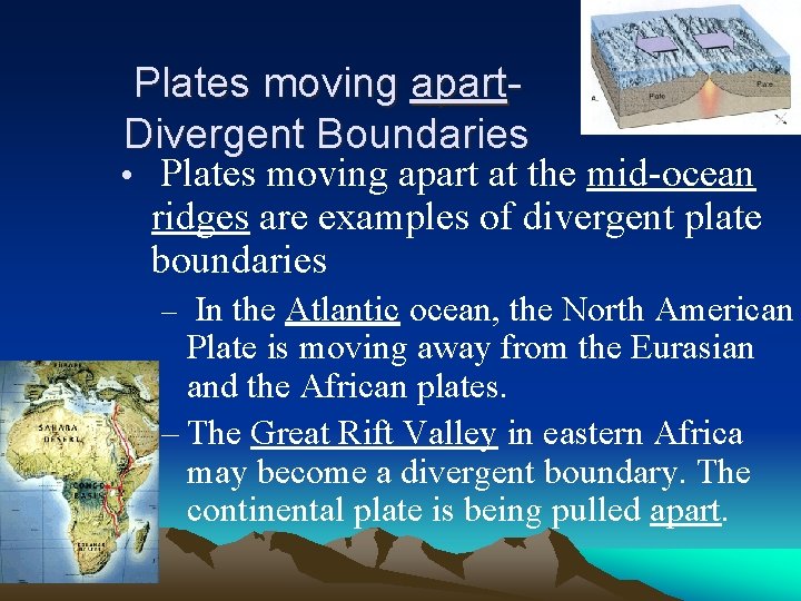 Plates moving apart. Divergent Boundaries • Plates moving apart at the mid-ocean ridges are