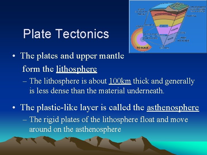 Plate Tectonics • The plates and upper mantle form the lithosphere – The lithosphere