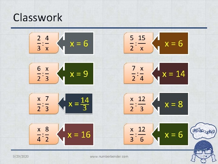 Classwork x = 6 9/29/2020 x = 9 x = 16 www. numberbender. com