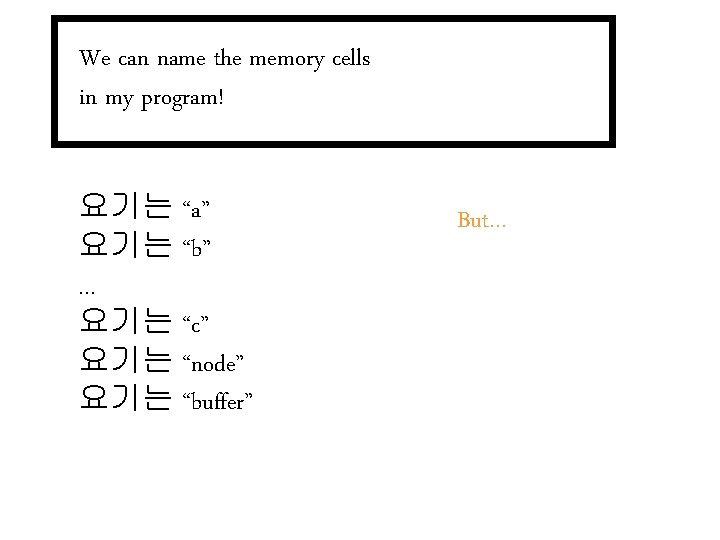 We can name the memory cells in my program! 요기는 “a” 요기는 “b” …