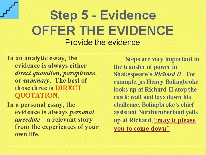 Step 5 - Evidence OFFER THE EVIDENCE Provide the evidence. In an analytic essay,