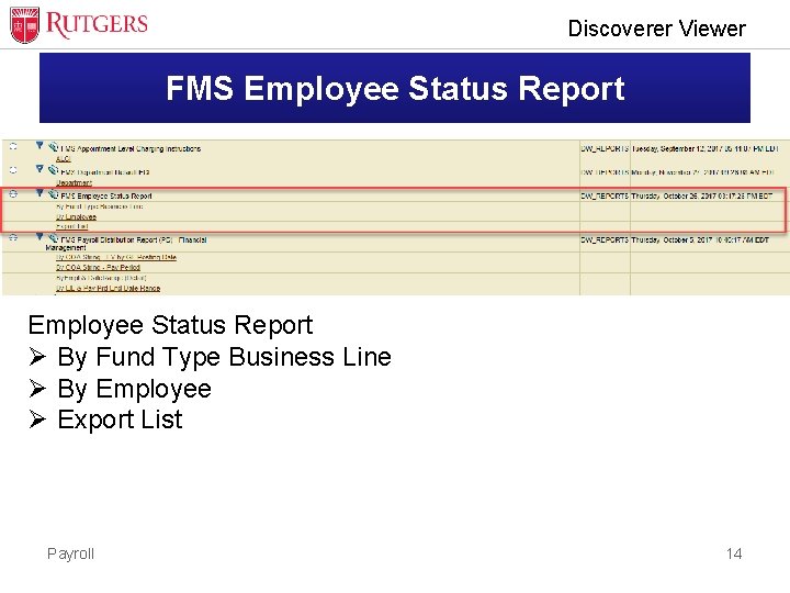 Discoverer Viewer FMS Employee Status Report Ø By Fund Type Business Line Ø By