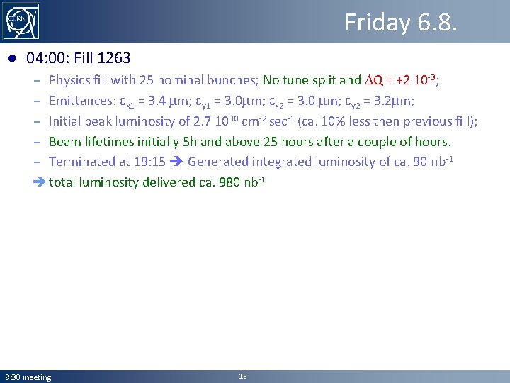 Friday 6. 8. ● 04: 00: Fill 1263 – Physics fill with 25 nominal