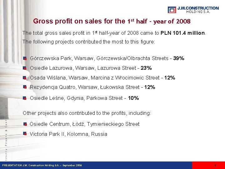 Gross profit on sales for the 1 st half - year of 2008 The