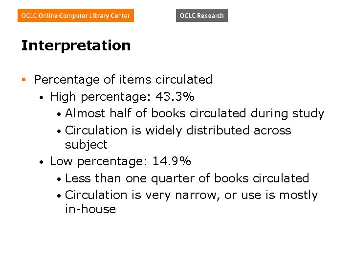 Interpretation § Percentage of items circulated • High percentage: 43. 3% • Almost half