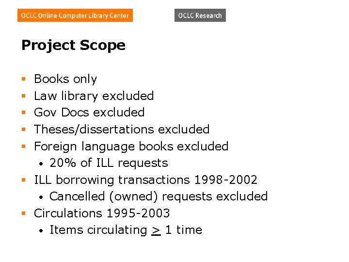 Project Scope Books only Law library excluded Gov Docs excluded Theses/dissertations excluded Foreign language