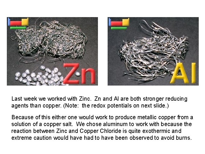 Last week we worked with Zinc. Zn and Al are both stronger reducing agents