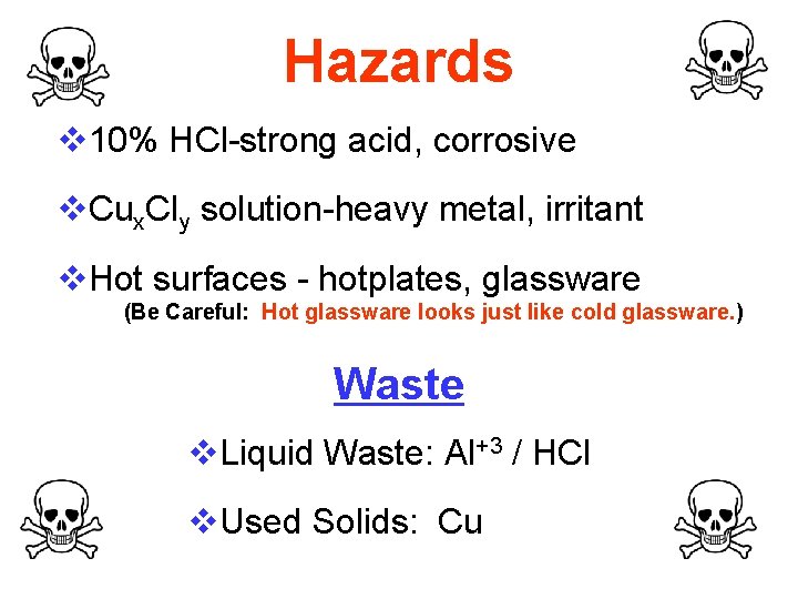 Hazards v 10% HCl-strong acid, corrosive v. Cux. Cly solution-heavy metal, irritant v. Hot