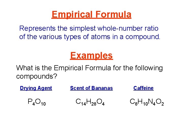 Empirical Formula Represents the simplest whole-number ratio of the various types of atoms in