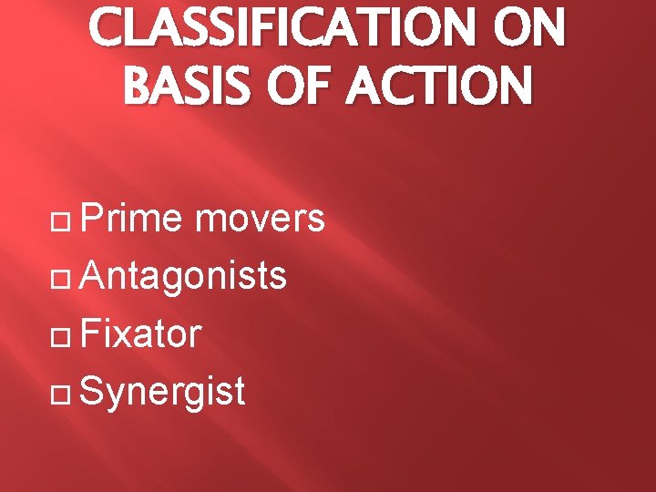 CLASSIFICATION ON BASIS OF ACTION Prime movers Antagonists Fixator Synergist 