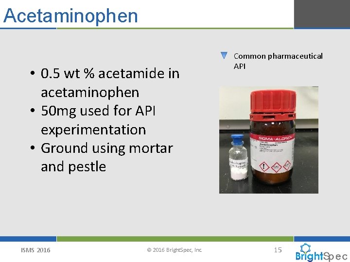 Acetaminophen • 0. 5 wt % acetamide in acetaminophen • 50 mg used for