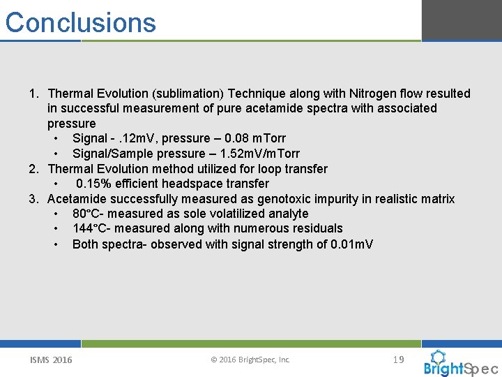 Conclusions 1. Thermal Evolution (sublimation) Technique along with Nitrogen flow resulted in successful measurement