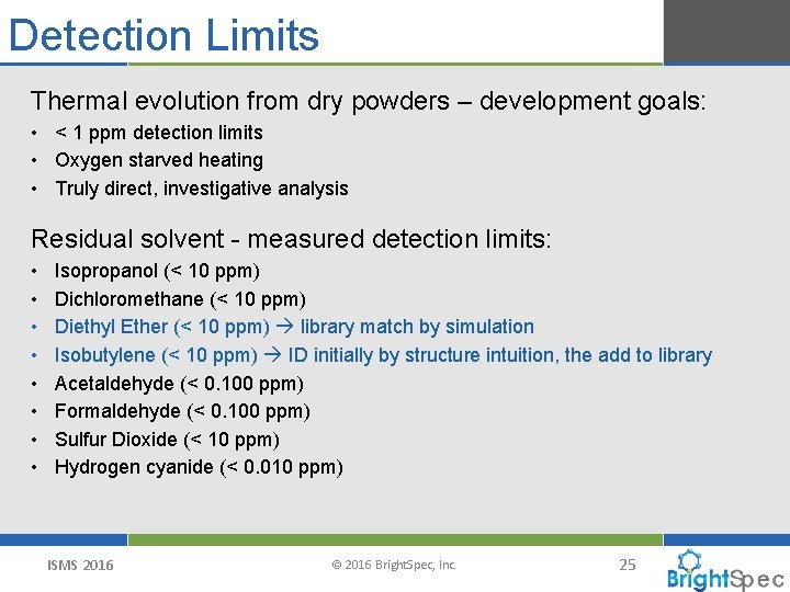 Detection Limits Thermal evolution from dry powders – development goals: • < 1 ppm