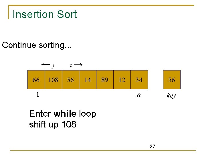 Insertion Sort Continue sorting. . . ←j 66 108 i→ 56 14 1 89