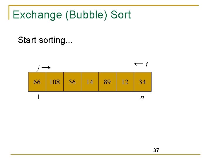 Exchange (Bubble) Sort Start sorting. . . ←i j→ 66 1 108 56 14