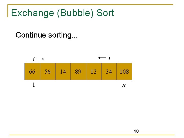 Exchange (Bubble) Sort Continue sorting. . . ←i j→ 66 1 56 14 89