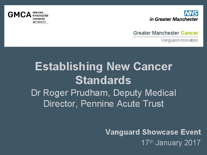 Greater Manchester Cancer Vanguard Innovation Establishing New Cancer Standards Dr Roger Prudham, Deputy Medical