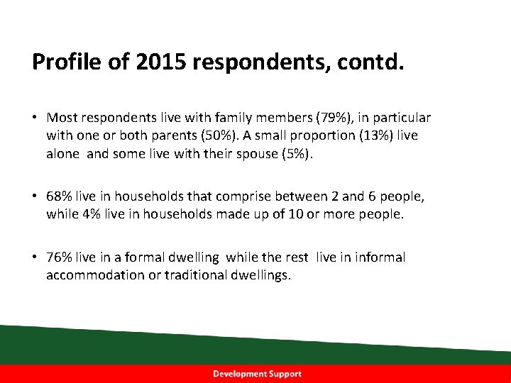 Profile of 2015 respondents, contd. • Most respondents live with family members (79%), in