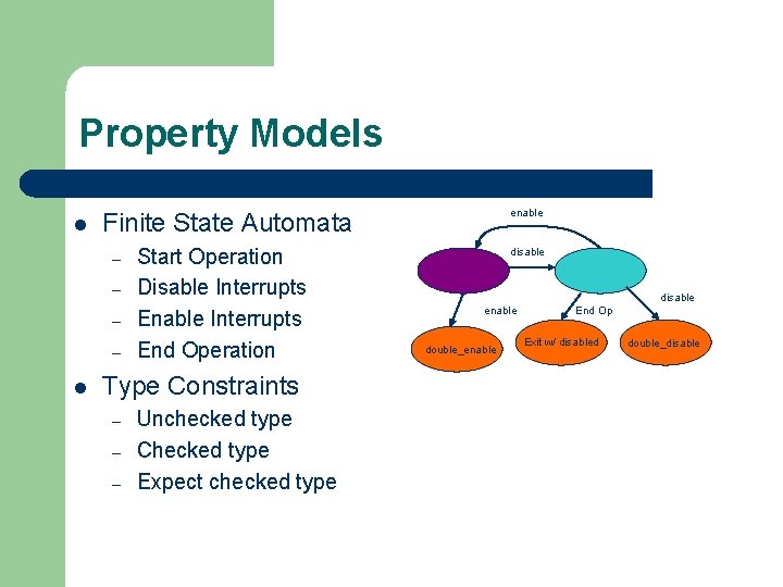 Property Models l Finite State Automata – – l enable Start Operation Disable Interrupts