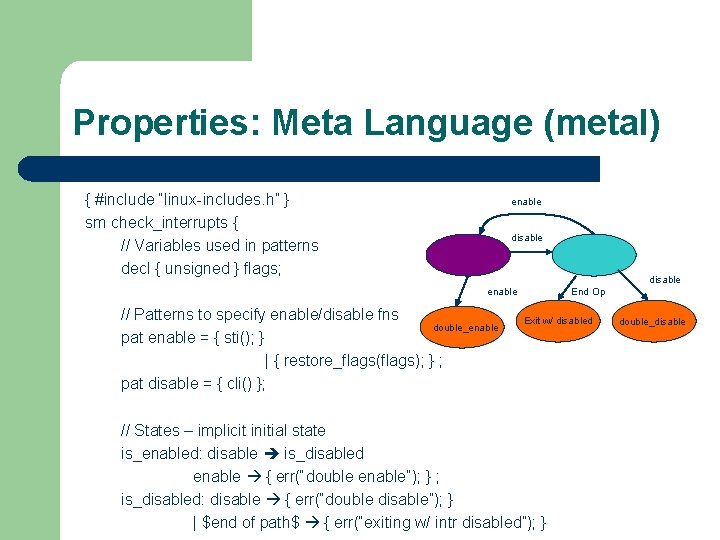 Properties: Meta Language (metal) { #include “linux-includes. h” } sm check_interrupts { // Variables
