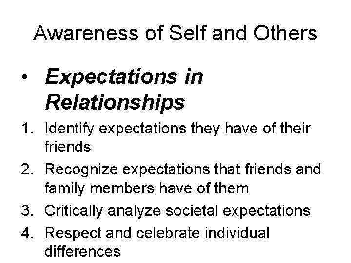 Awareness of Self and Others • Expectations in Relationships 1. Identify expectations they have Awareness of Self and Others • Expectations in Relationships 1. Identify expectations they have