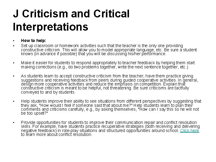 J Criticism and Critical Interpretations • • • How to help: Set up classroom J Criticism and Critical Interpretations • • • How to help: Set up classroom