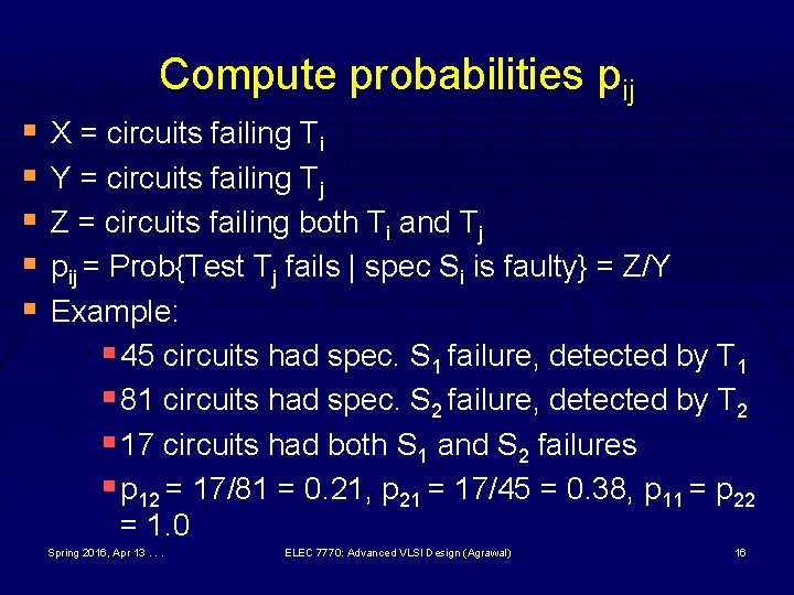Compute probabilities pij § X = circuits failing Ti § Y = circuits failing