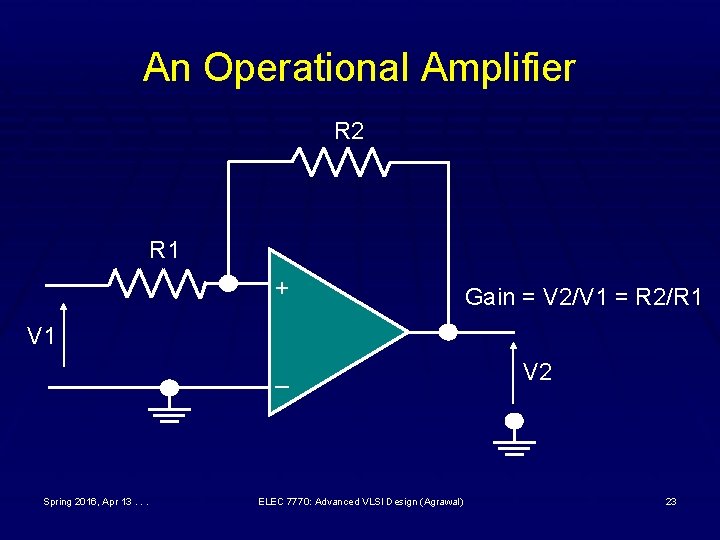 An Operational Amplifier R 2 R 1 + Gain = V 2/V 1 =