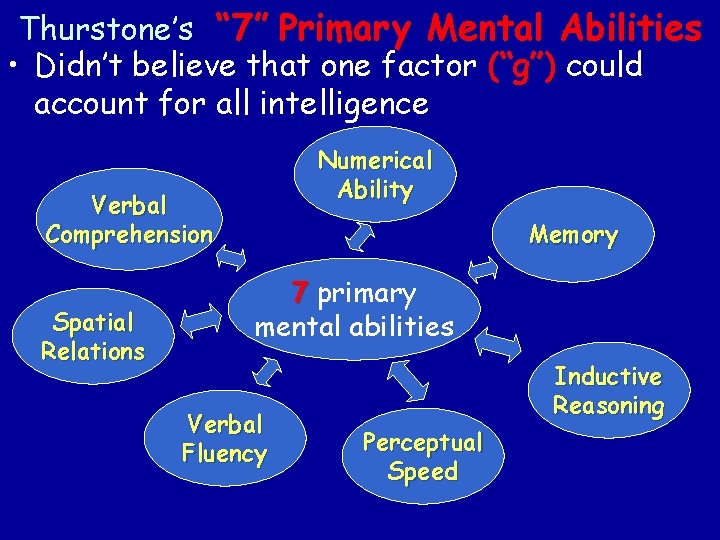 Thurstone’s “ 7” Primary Mental Abilities • Didn’t believe that one factor (“g”) could