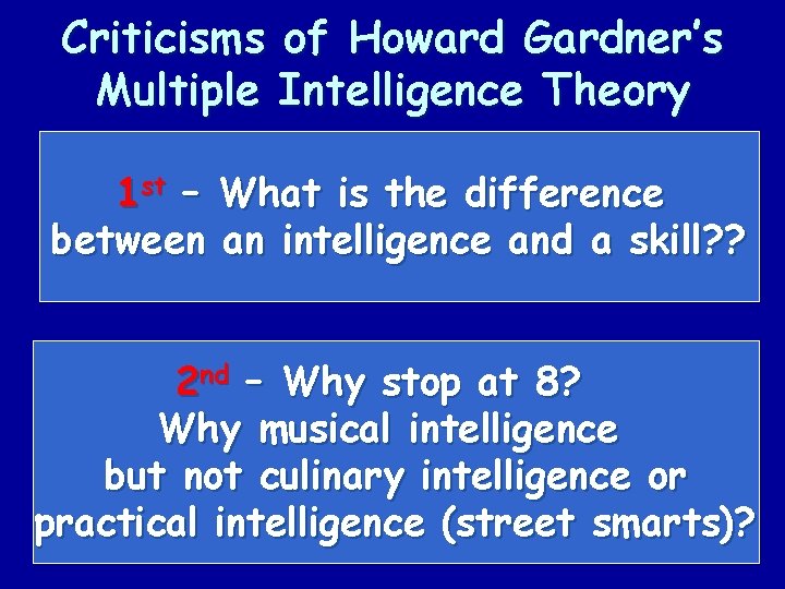 Criticisms of Howard Gardner’s Multiple Intelligence Theory 1 st – What is the difference