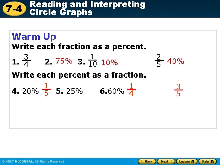 Reading and Interpreting 7 -4 Circle Graphs Warm Up Write each fraction as a