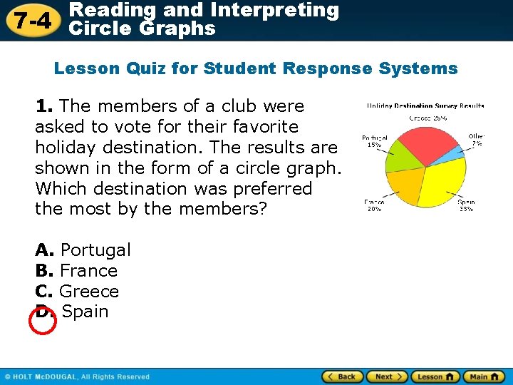 Reading and Interpreting 7 -4 Circle Graphs Lesson Quiz for Student Response Systems 1.
