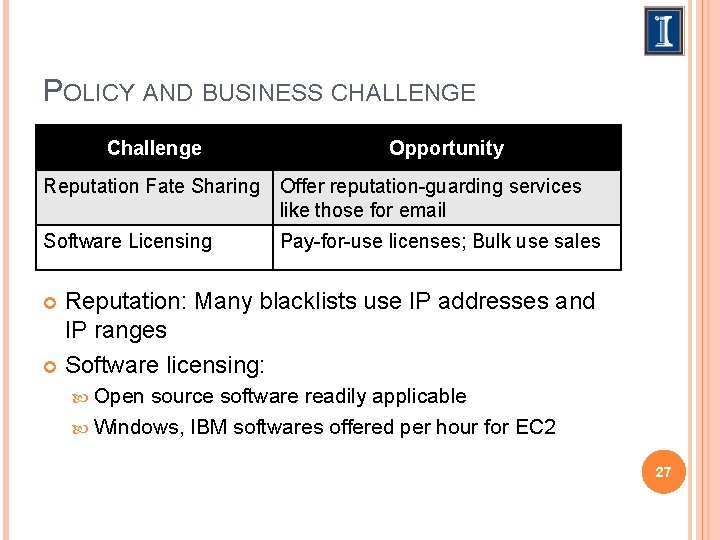 POLICY AND BUSINESS CHALLENGE Challenge Opportunity Reputation Fate Sharing Offer reputation-guarding services like those