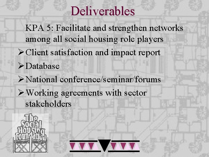 Deliverables KPA 5: Facilitate and strengthen networks among all social housing role players Ø Deliverables KPA 5: Facilitate and strengthen networks among all social housing role players Ø