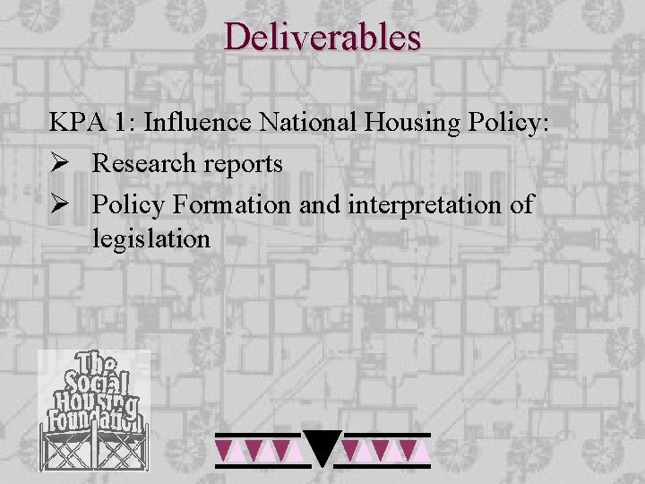 Deliverables KPA 1: Influence National Housing Policy: Ø Research reports Ø Policy Formation and Deliverables KPA 1: Influence National Housing Policy: Ø Research reports Ø Policy Formation and
