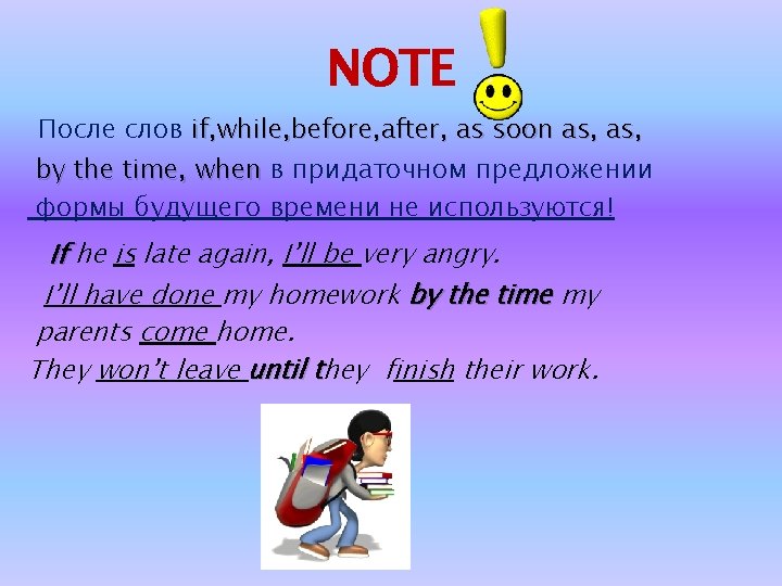 NOTE После слов if, while, before, after, as soon as, by the time, when