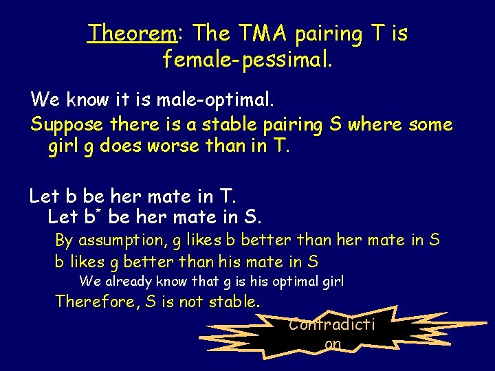 Theorem: The TMA pairing T is female-pessimal. We know it is male-optimal. Suppose there
