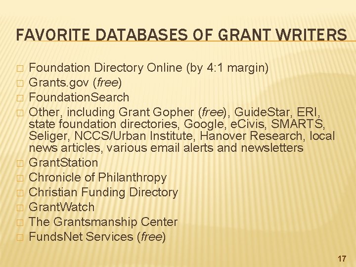 FAVORITE DATABASES OF GRANT WRITERS � � � � � Foundation Directory Online (by