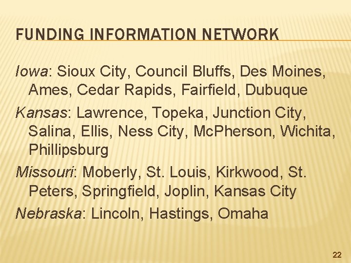FUNDING INFORMATION NETWORK Iowa: Sioux City, Council Bluffs, Des Moines, Ames, Cedar Rapids, Fairfield,