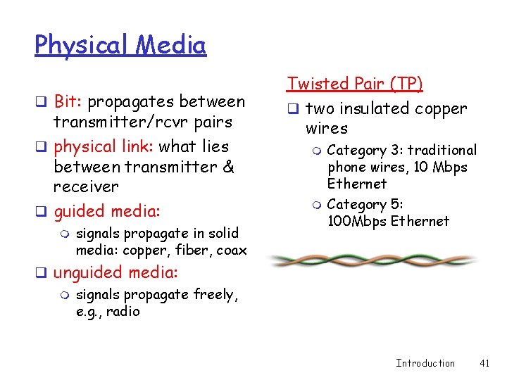 Physical Media q Bit: propagates between transmitter/rcvr pairs q physical link: what lies between Physical Media q Bit: propagates between transmitter/rcvr pairs q physical link: what lies between