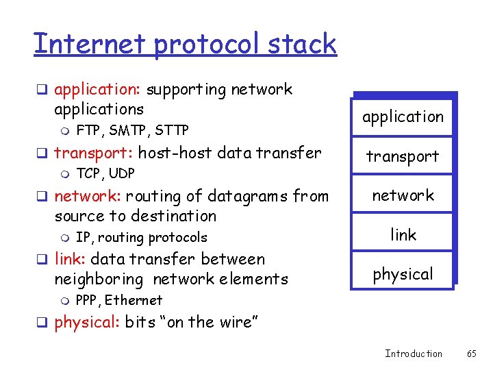 Internet protocol stack q application: supporting network applications m FTP, SMTP, STTP application q Internet protocol stack q application: supporting network applications m FTP, SMTP, STTP application q