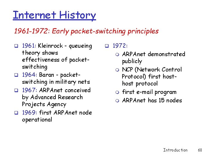 Internet History 1961 -1972: Early packet-switching principles q 1961: Kleinrock - queueing theory shows Internet History 1961 -1972: Early packet-switching principles q 1961: Kleinrock - queueing theory shows